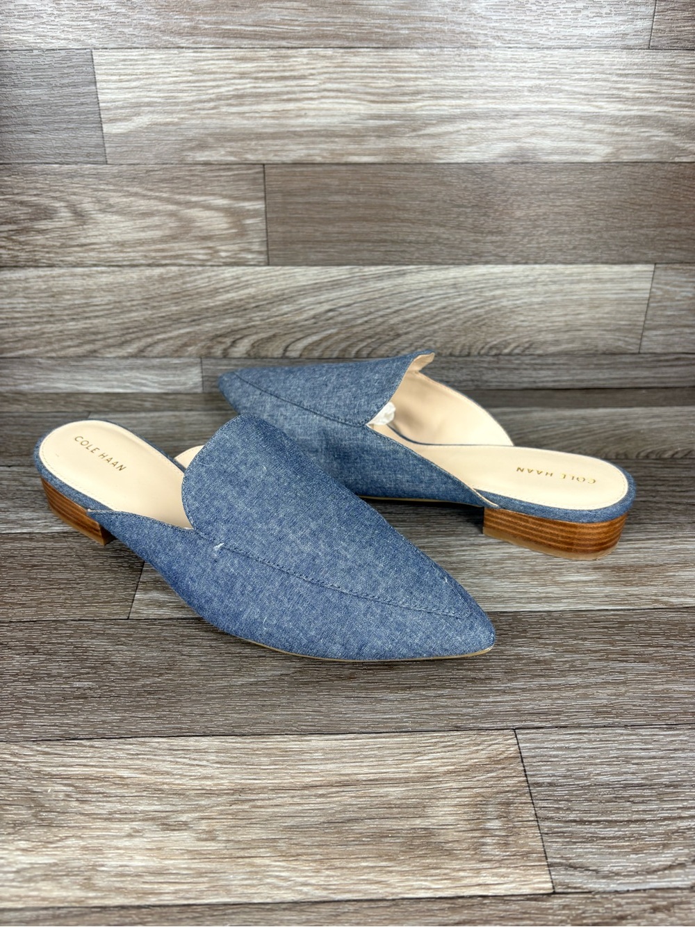 Cole Haan Piper Denim Chambray Mules Pointy Toe Slip On Loafers Women’s Sz 10